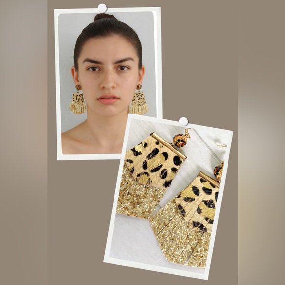 Leopard Leather Glitter Fringe Drop Earrings - Picture 9 of 10